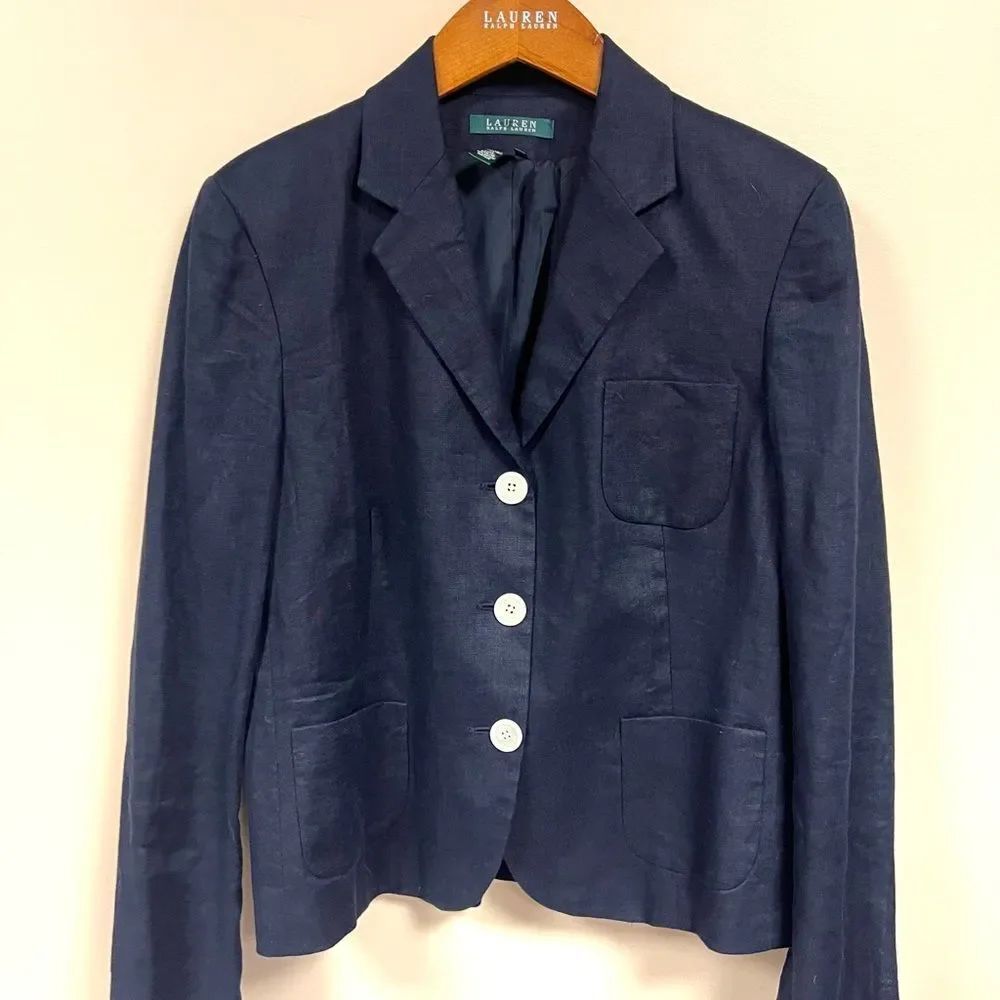 Ralph Lauren Navy Linen-Blend Three-Button Blazer